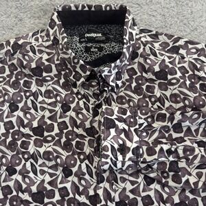 Desigual Man Slim Fit Floral Leaf Print Cotton Button Down Shirt Black White L